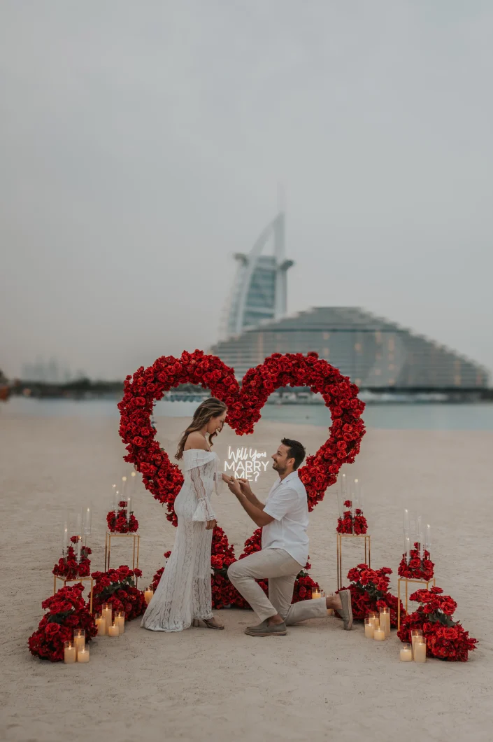 Proposal with heart decoration captured by a professional proposal photographer in Dubai